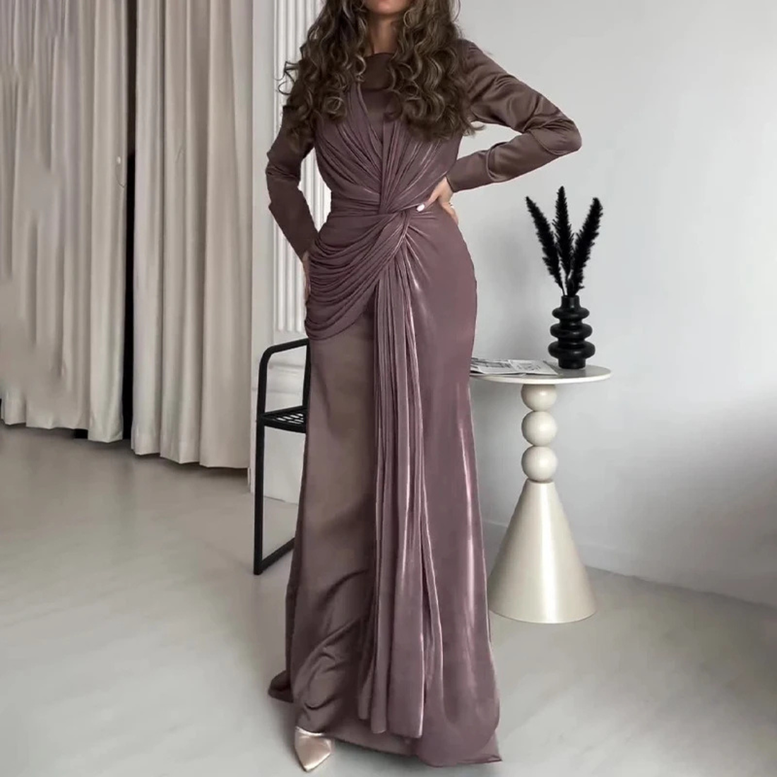 Brown Modest Pleated Tie Knot Evening Dress