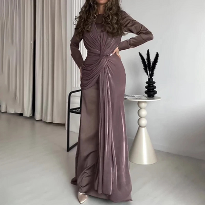Brown Modest Pleated Tie Knot Evening Dress