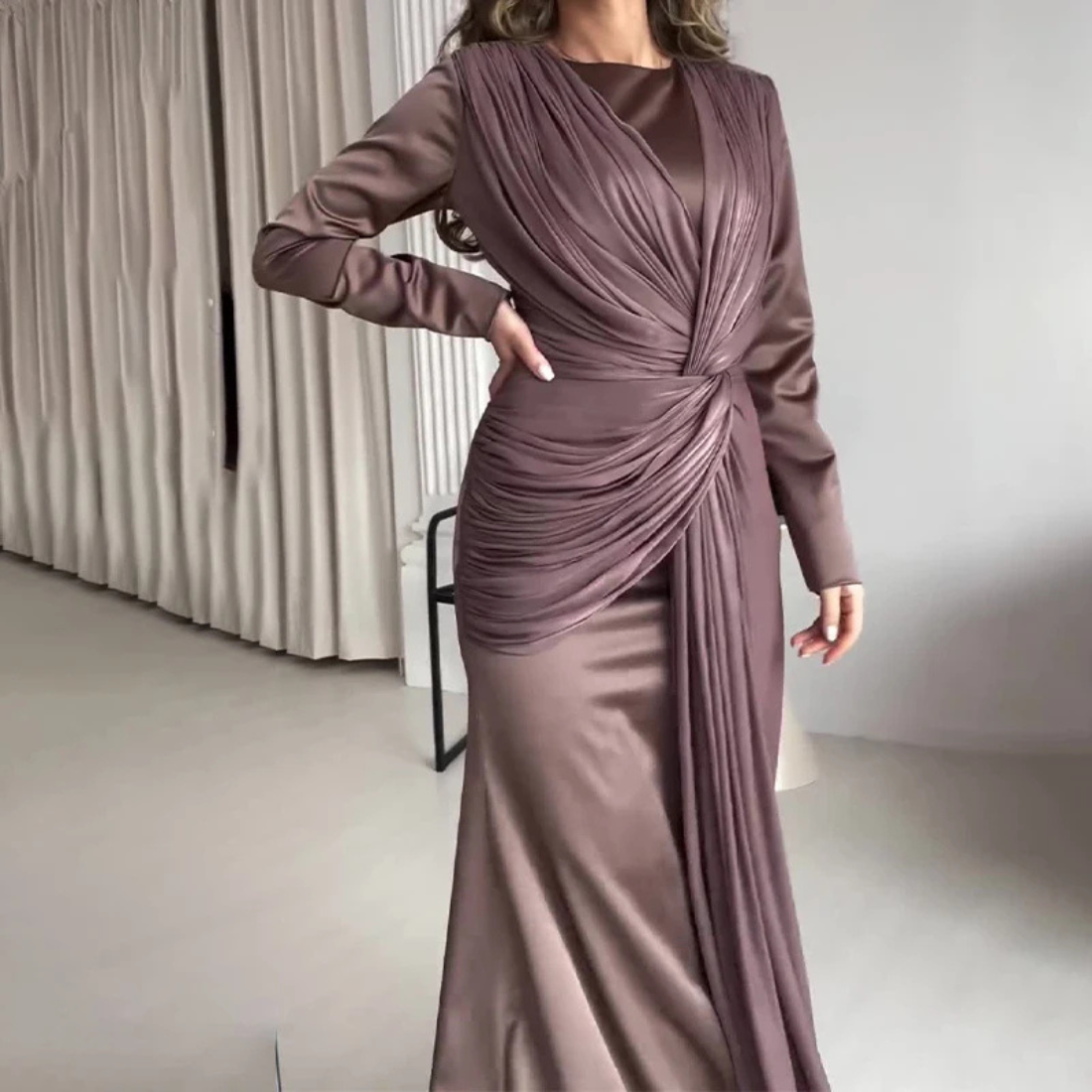 Brown Modest Pleated Tie Knot Evening Dress, Close Up