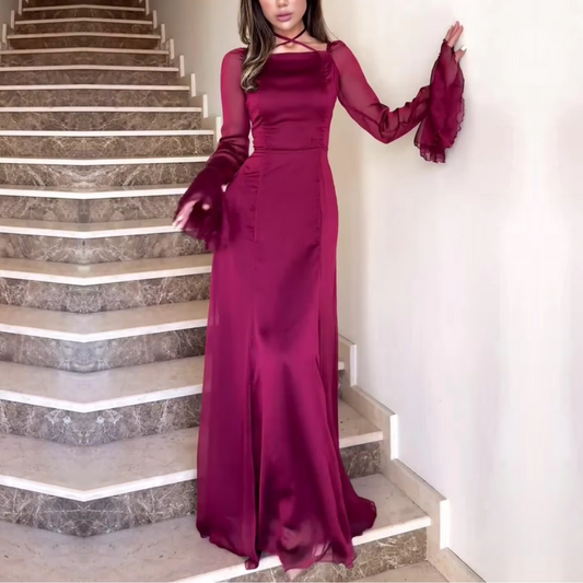 Burgundy Cross Neck Modest Flare Sleeves Long Dress