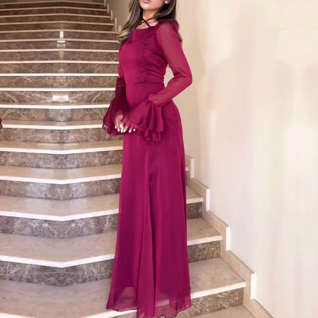 Burgundy Cross Neck Modest Flare Sleeves Long Dress, Left