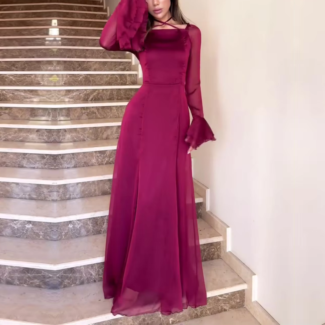 Burgundy Cross Neck Modest Flare Sleeves Long Dress XXL