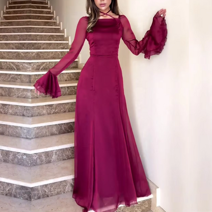 Burgundy Cross Neck Modest Flare Sleeves Long Dress, Front 2