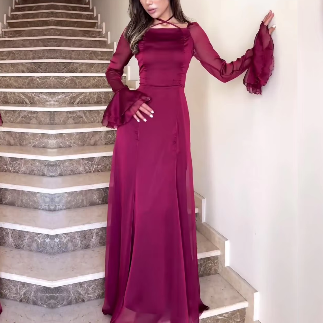 Burgundy Cross Neck Modest Flare Sleeves Long Dress, Right