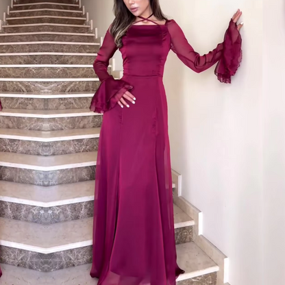 Burgundy Cross Neck Modest Flare Sleeves Long Dress, Right
