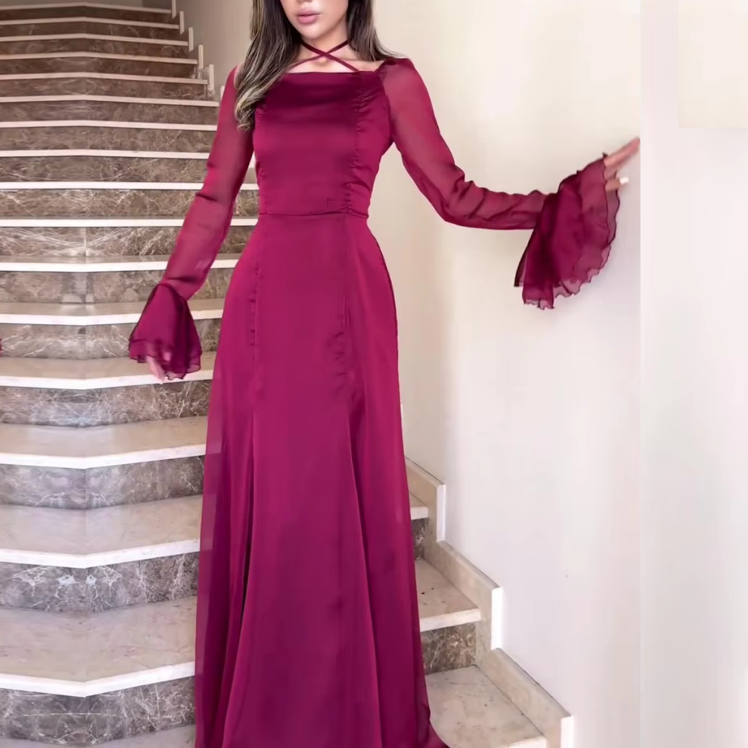 Burgundy Cross Neck Modest Flare Sleeves Long Dress, Front 3