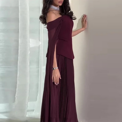 Burgundy Off Shoulder Drape Sleeves Pleated Long Dress, Left