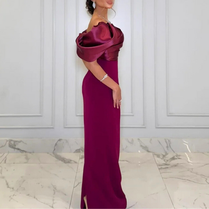 Burgundy Off Shoulder Puff Pleated Slim Evening Gown, Left