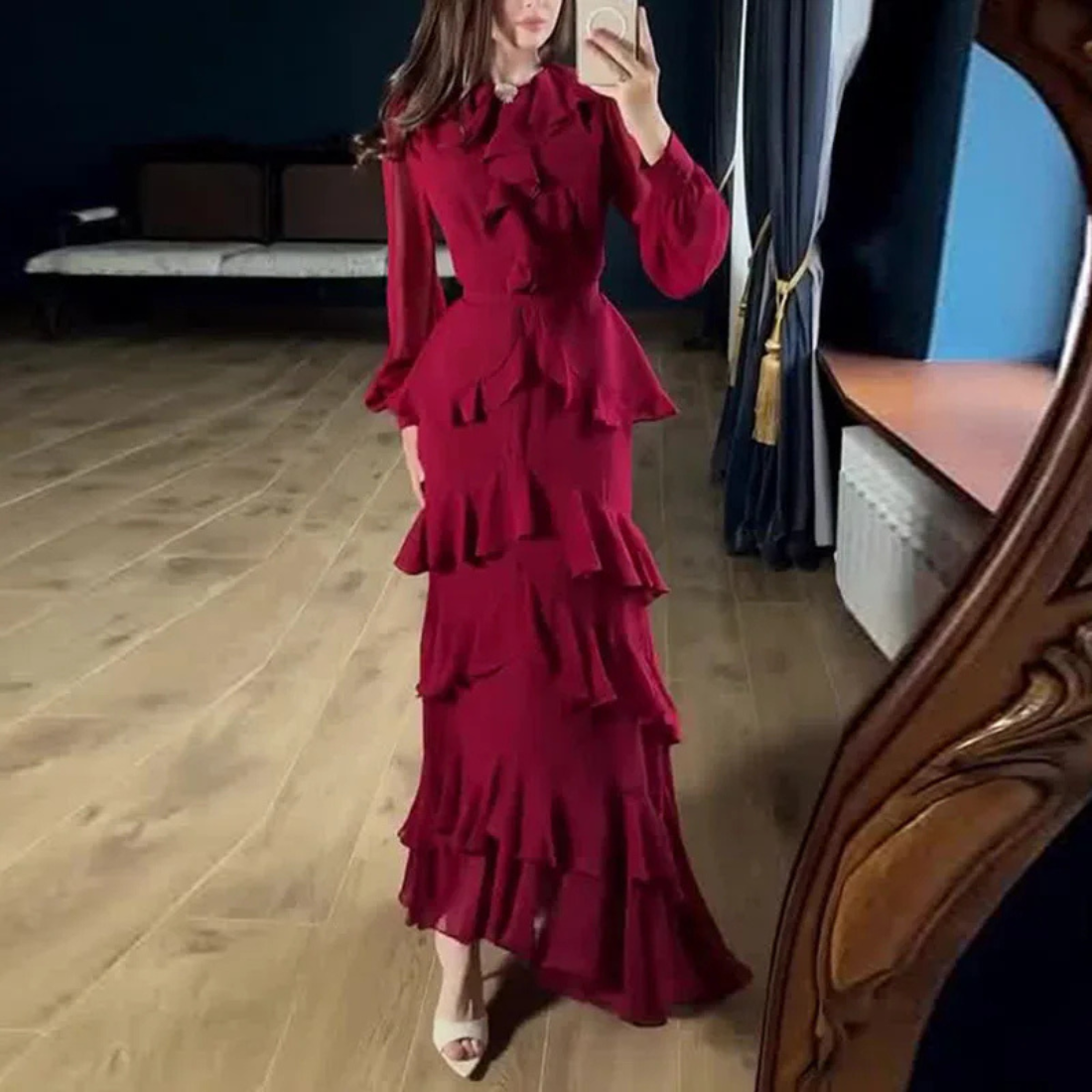 Burgundy Modest Chiffon Ruffle Puff Sleeves Mermaid Long Dress