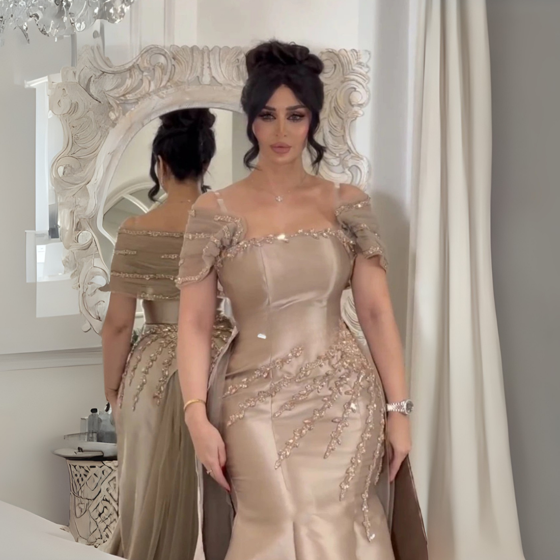 Champagne Gold Satin Sequined Mermaid Off Shoulder Gown, Close Up