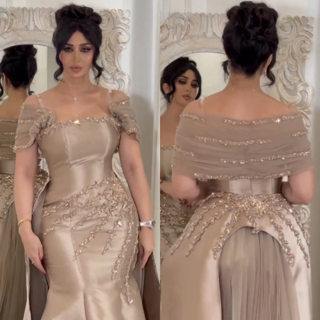 Champagne Gold Satin Sequined Mermaid Off Shoulder Gown, Front and Back