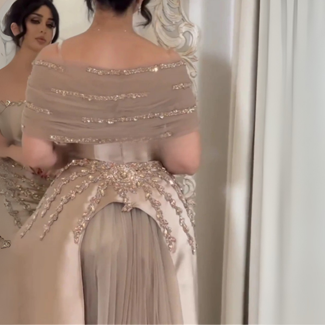 Champagne Gold Satin Sequined Mermaid Off Shoulder Gown, Back