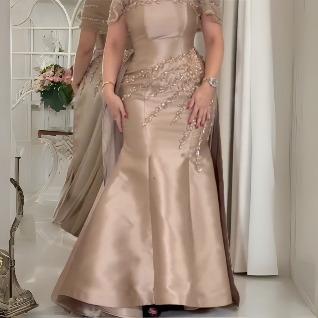 Champagne Gold Satin Sequined Mermaid Off Shoulder Gown, Skirt