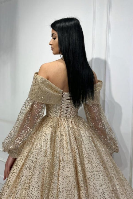 Champagne Gold Sparkly Tulle Off Shoulder Prom Dress, Back Close Up