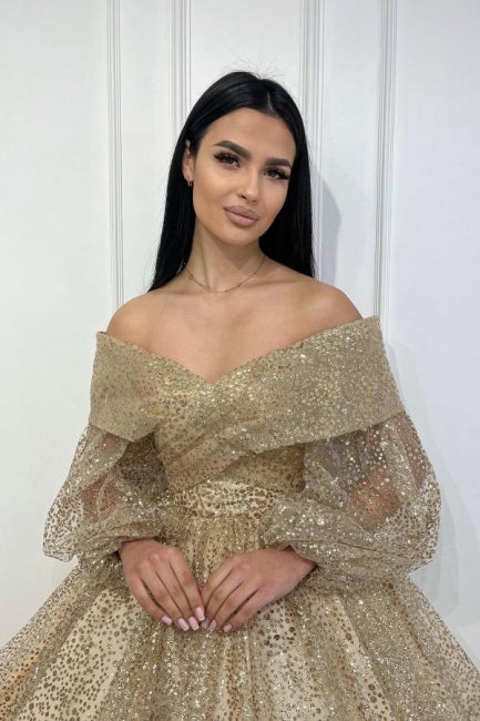 Champagne Gold Sparkly Tulle Off Shoulder Prom Dress, Front Close Up