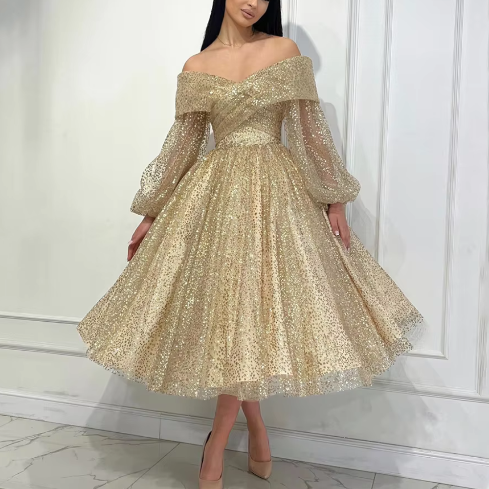Champagne Gold Sparkly Tulle Off Shoulder Prom Dress