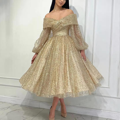 Champagne Gold Sparkly Tulle Off Shoulder Prom Dress