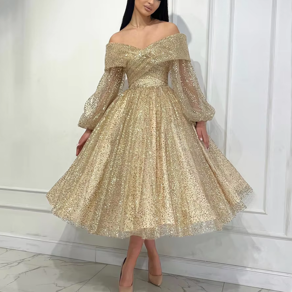 Champagne Gold Sparkly Tulle Off Shoulder Prom Dress – Little Lala Boutique
