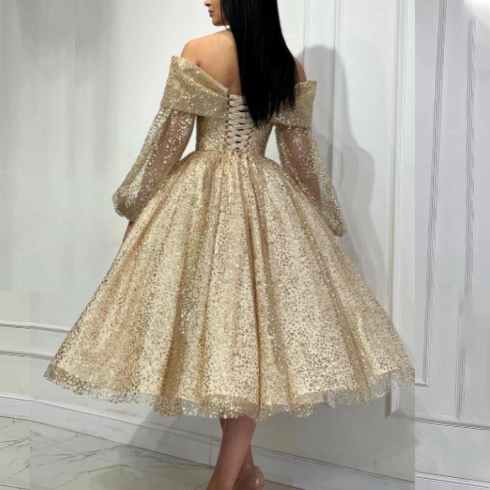 Champagne Gold Sparkly Tulle Off Shoulder Prom Dress, Back