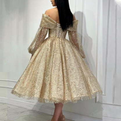 Champagne Gold Sparkly Tulle Off Shoulder Prom Dress, Back