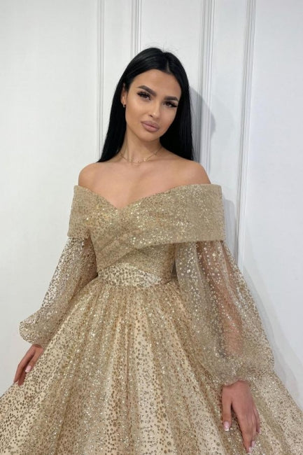 Champagne Gold Sparkly Tulle Off Shoulder Prom Dress, Front 2