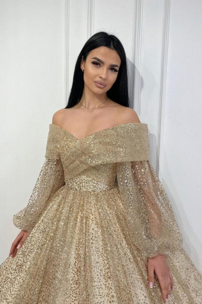 Champagne Gold Sparkly Tulle Off Shoulder Prom Dress, Front 2