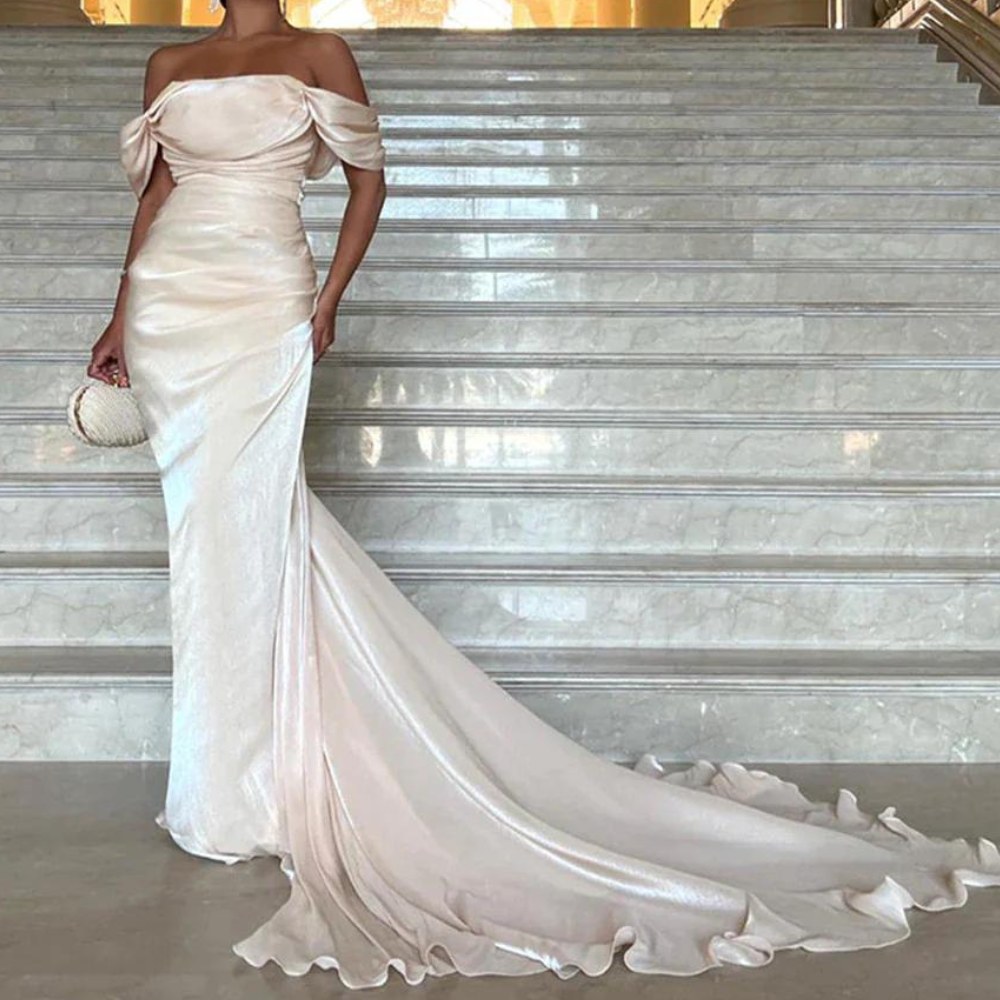 Cream Off Shoulder Pleated Shiny Chiffon Evening Gown