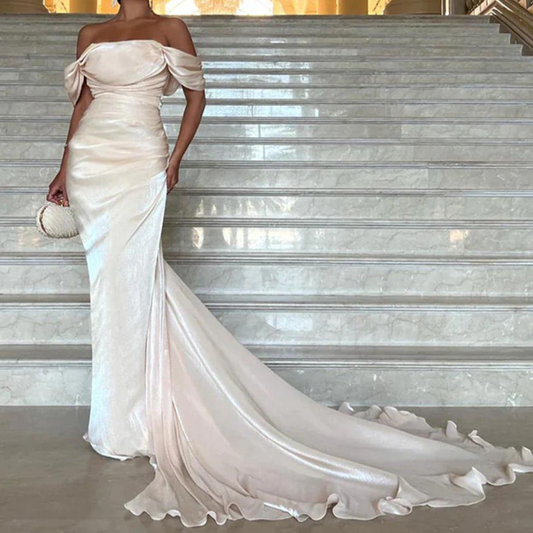 Cream Off Shoulder Pleated Shiny Chiffon Evening Gown