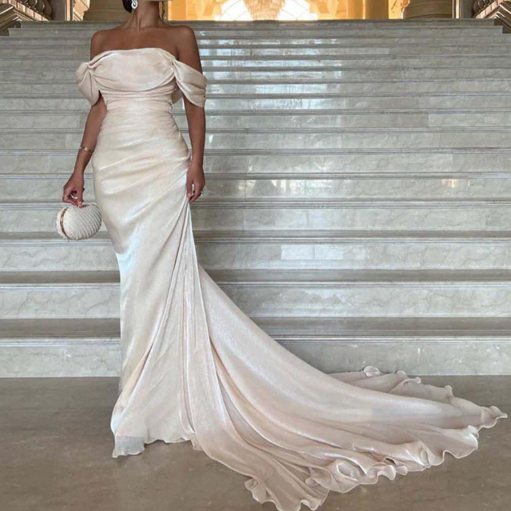 Cream Off Shoulder Pleated Shiny Chiffon Evening Gown, Front