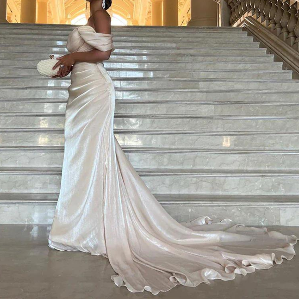 Cream Off Shoulder Pleated Shiny Chiffon Evening Gown, Left