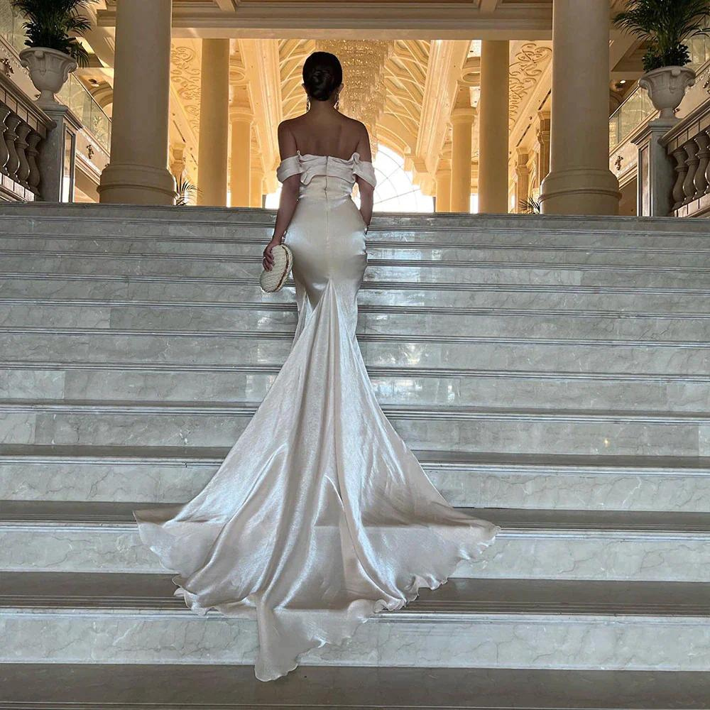 Cream Off Shoulder Pleated Shiny Chiffon Evening Gown, Back