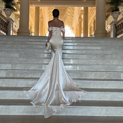 Cream Off Shoulder Pleated Shiny Chiffon Evening Gown, Back