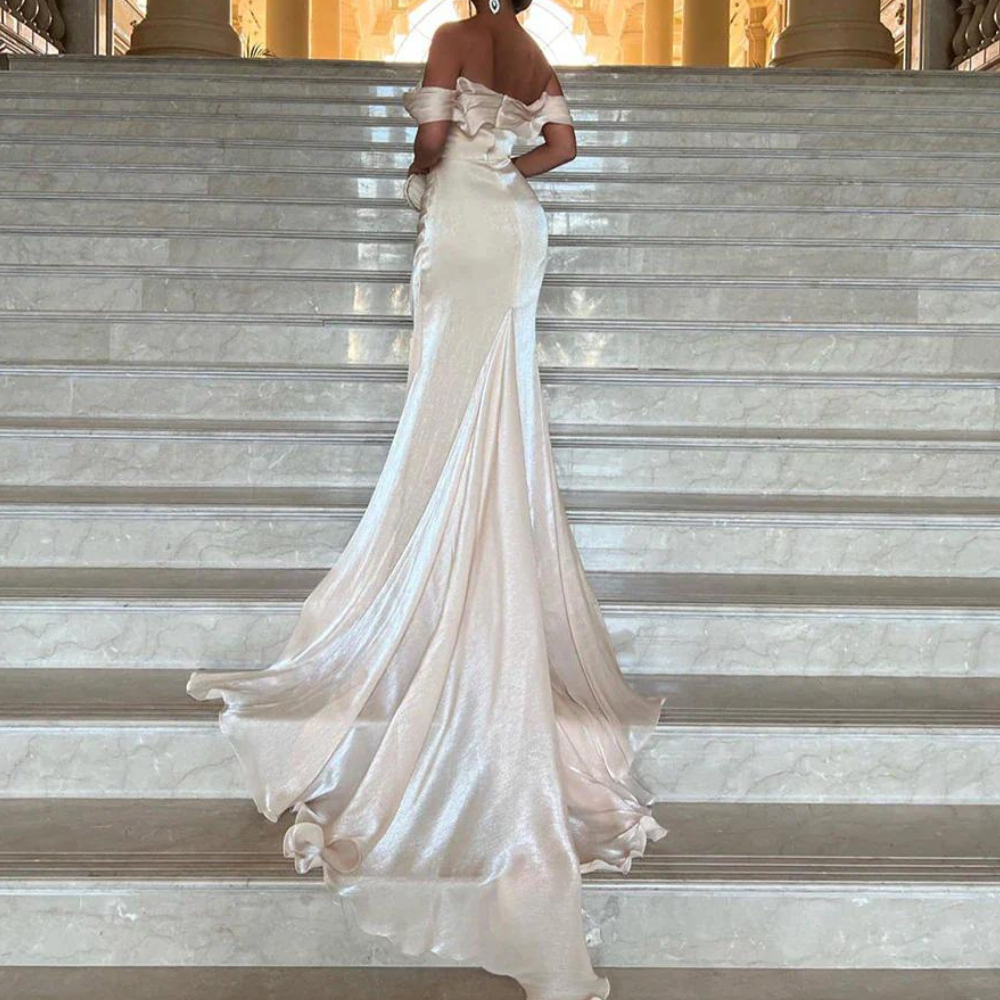 Cream Off Shoulder Pleated Shiny Chiffon Evening Gown, Back 2