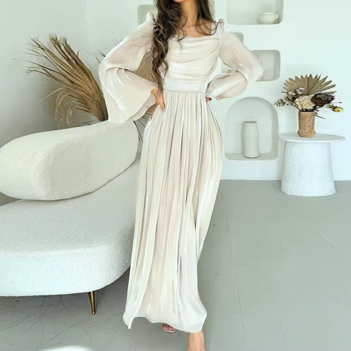 Cream Shiny Chiffon Pleated Flare Sleeves A-Line Maxi Formal Dress