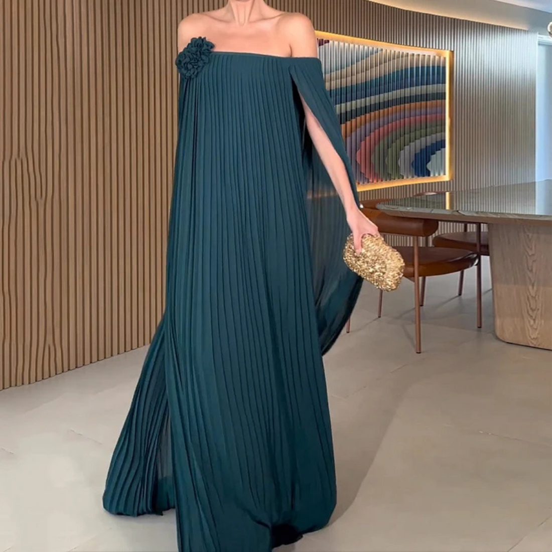 Blue Green Chiffon Pleated Off Shoulder Drape Long Dress, Front