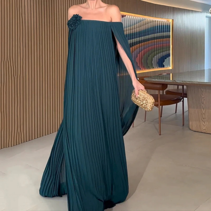 Blue Green Chiffon Pleated Off Shoulder Drape Long Dress, Front