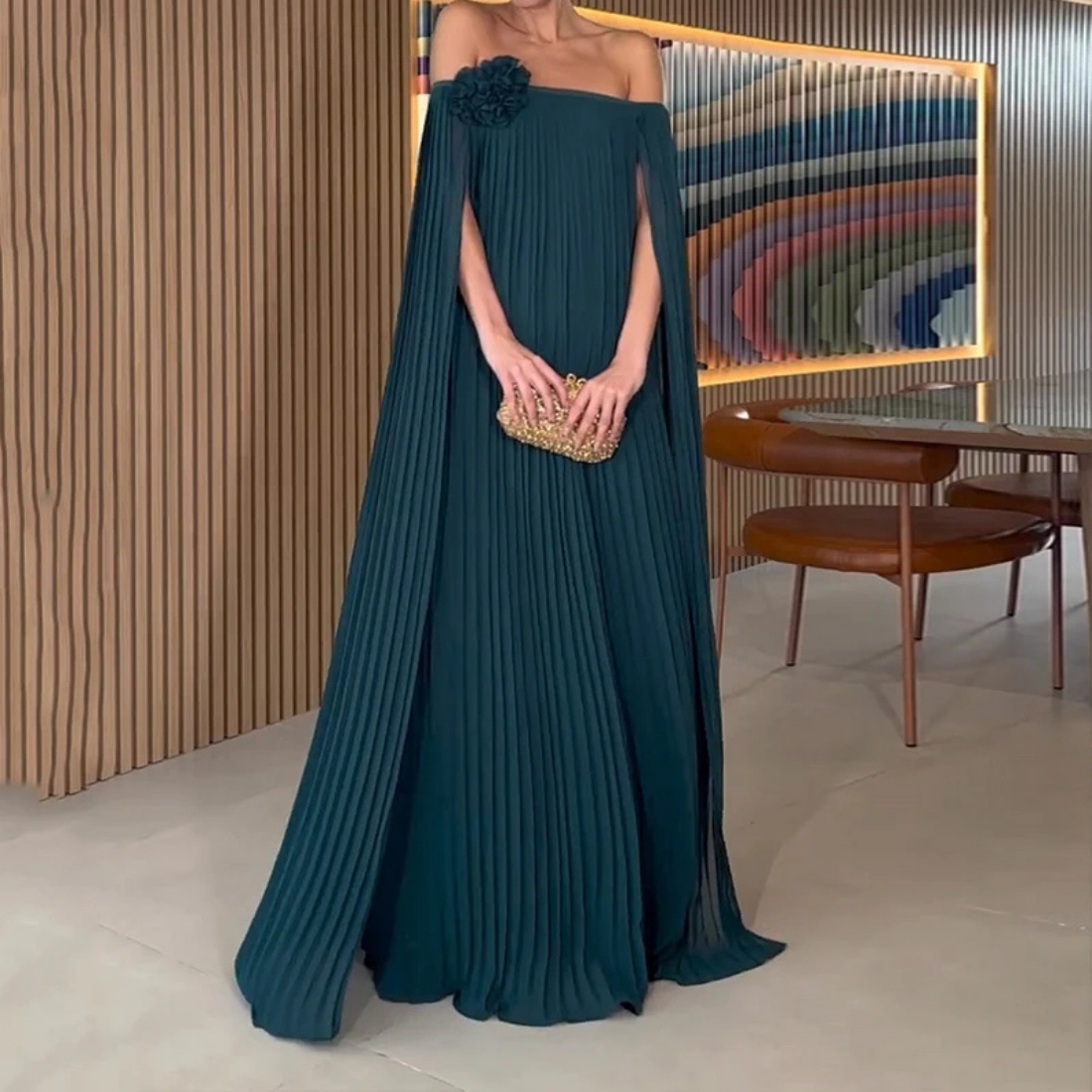 Blue Green Chiffon Pleated Off Shoulder Drape Long Dress, Left