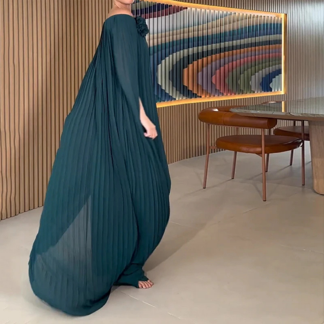 Blue Green Chiffon Pleated Off Shoulder Drape Long Dress, Right