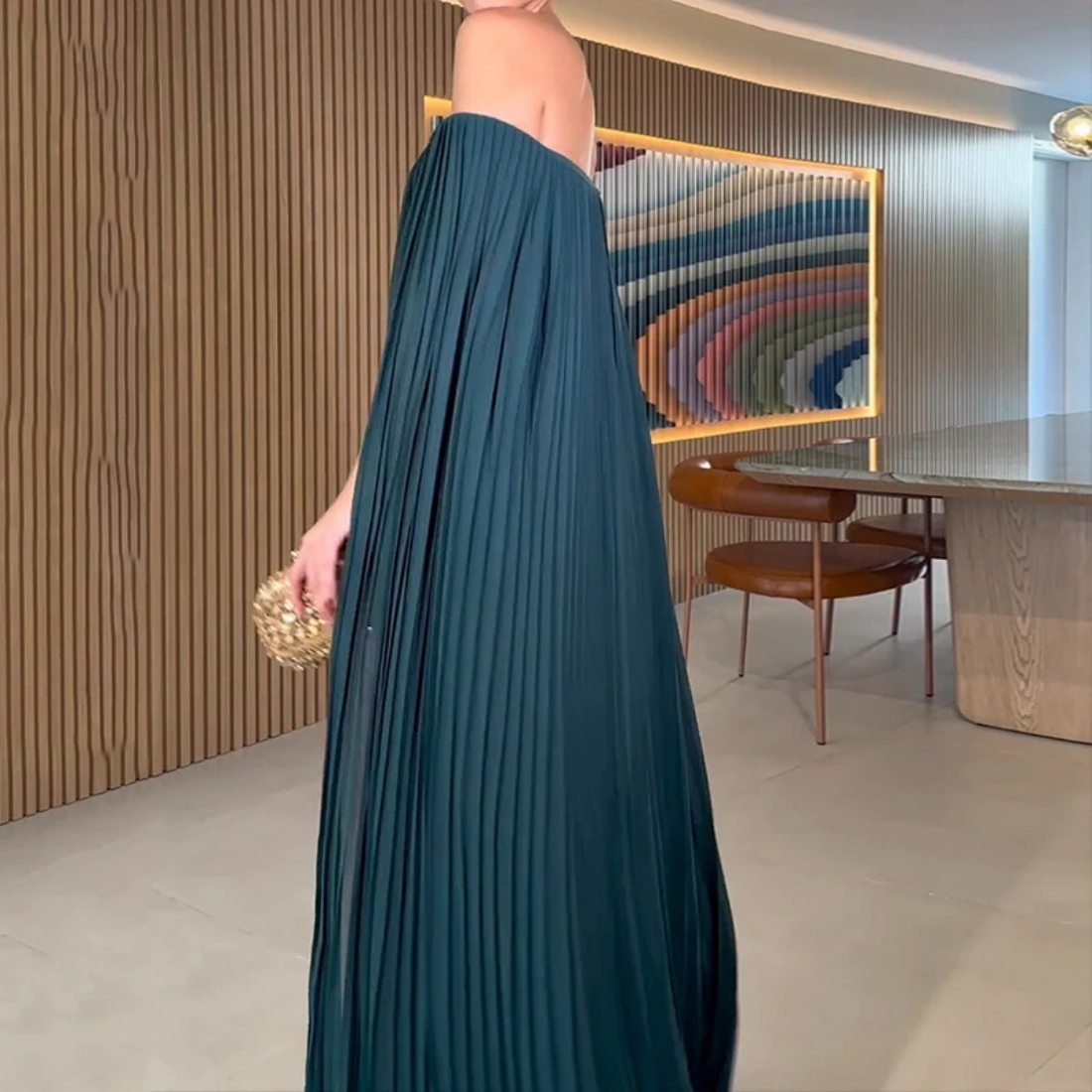 Blue Green Chiffon Pleated Off Shoulder Drape Long Dress, Back