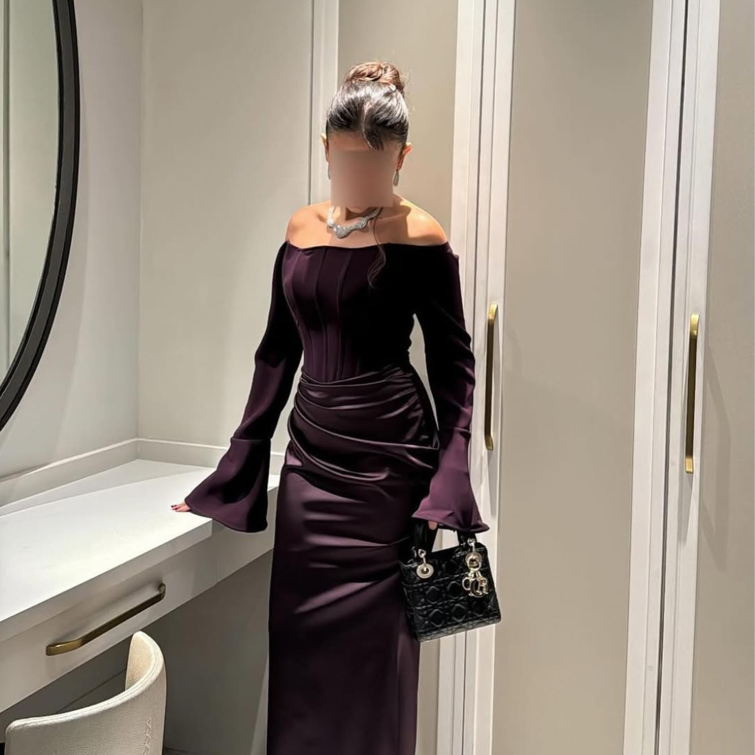 Dark Purple Satin Off Shoulder Pleated Evening Dress, Close Up 2