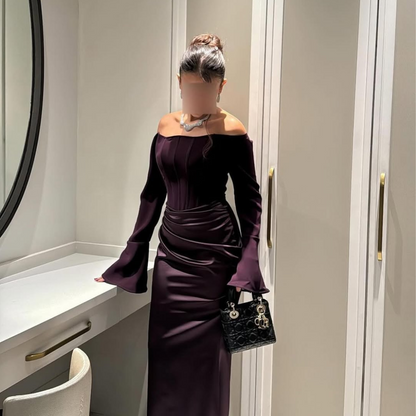 Dark Purple Satin Off Shoulder Pleated Evening Dress, Close Up 2