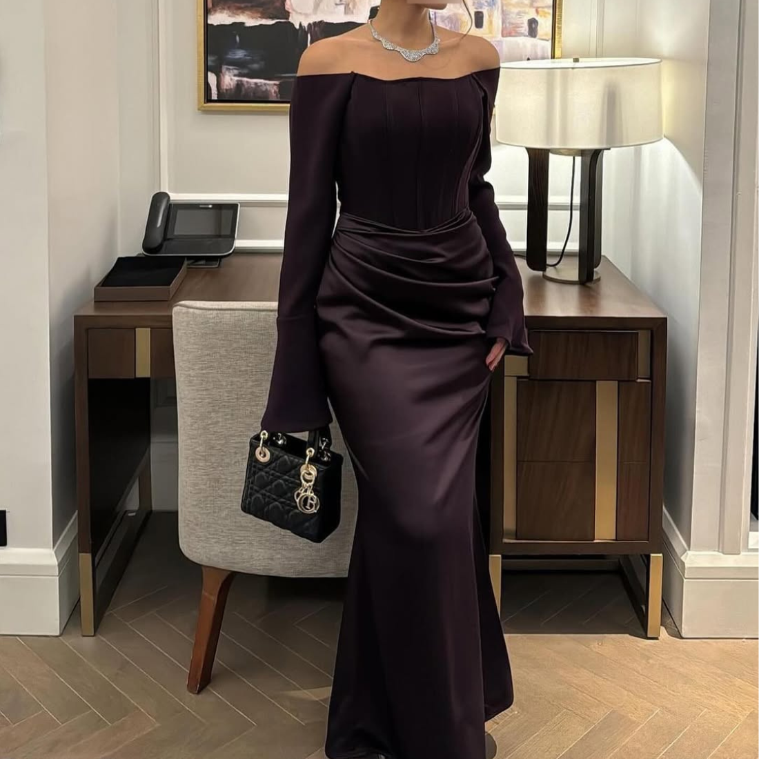 Dark Purple Satin Off Shoulder Pleated Evening Dress