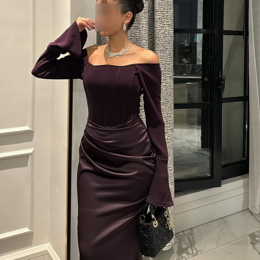 Dark Purple Satin Off Shoulder Pleated Evening Dress, Close Up
