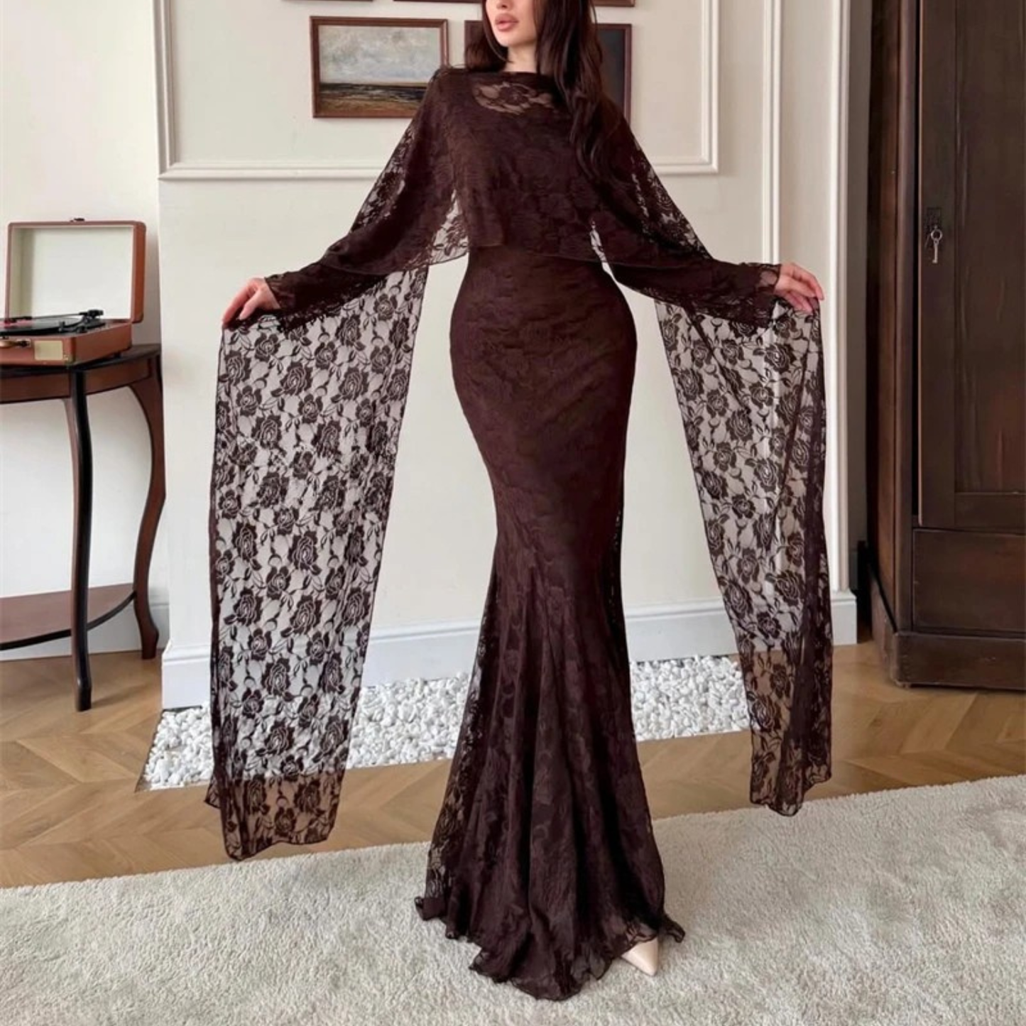 Dark Brown Floral Lace Long Sleeves Maxi Dress with Scarf
