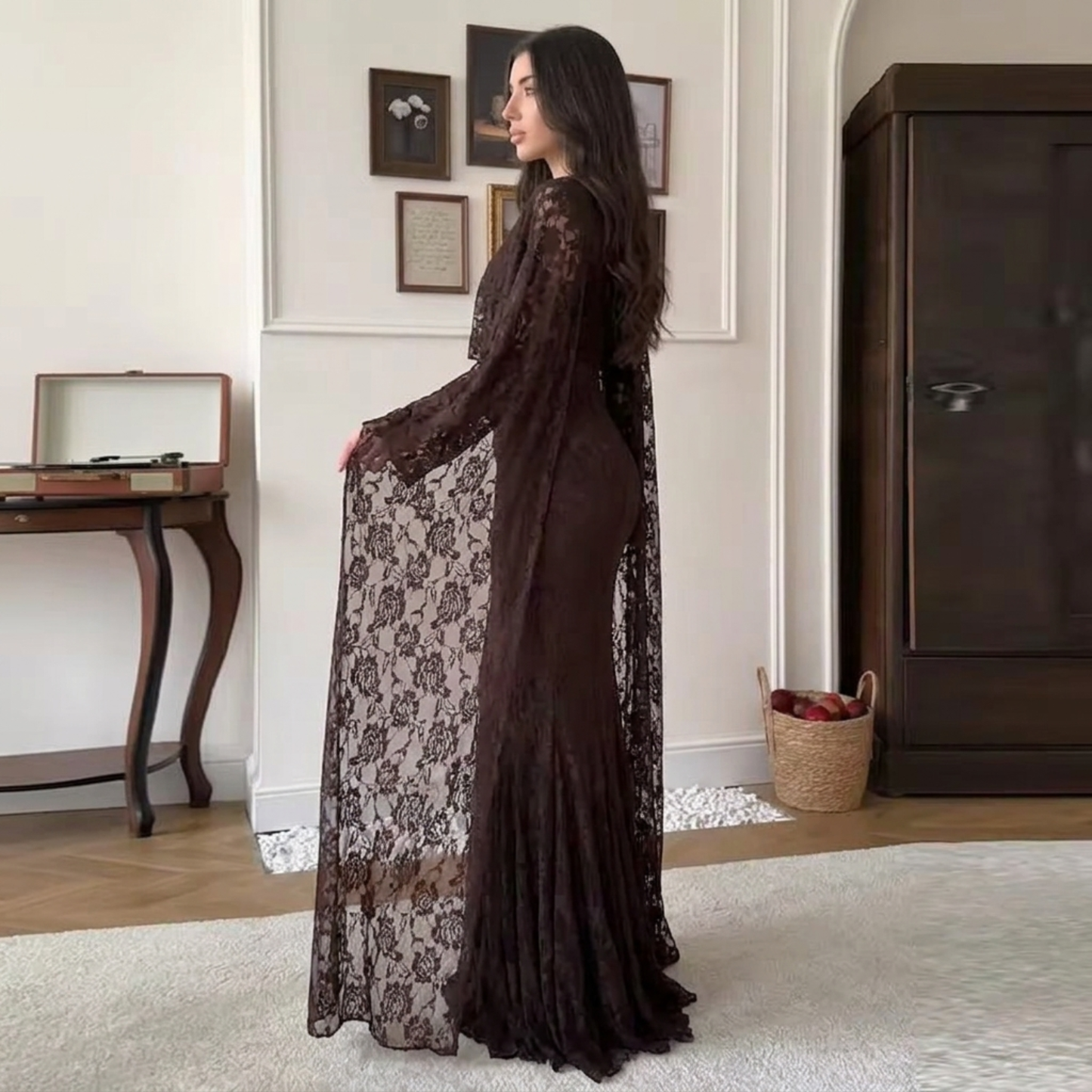 Dark Brown Floral Lace Long Sleeves Maxi Dress with Scarf