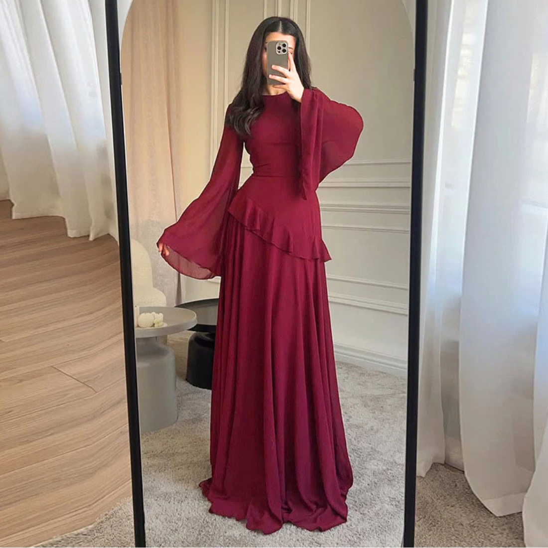 Dark Red Modest Chiffon Flare Sleeves A-Line Long Dress