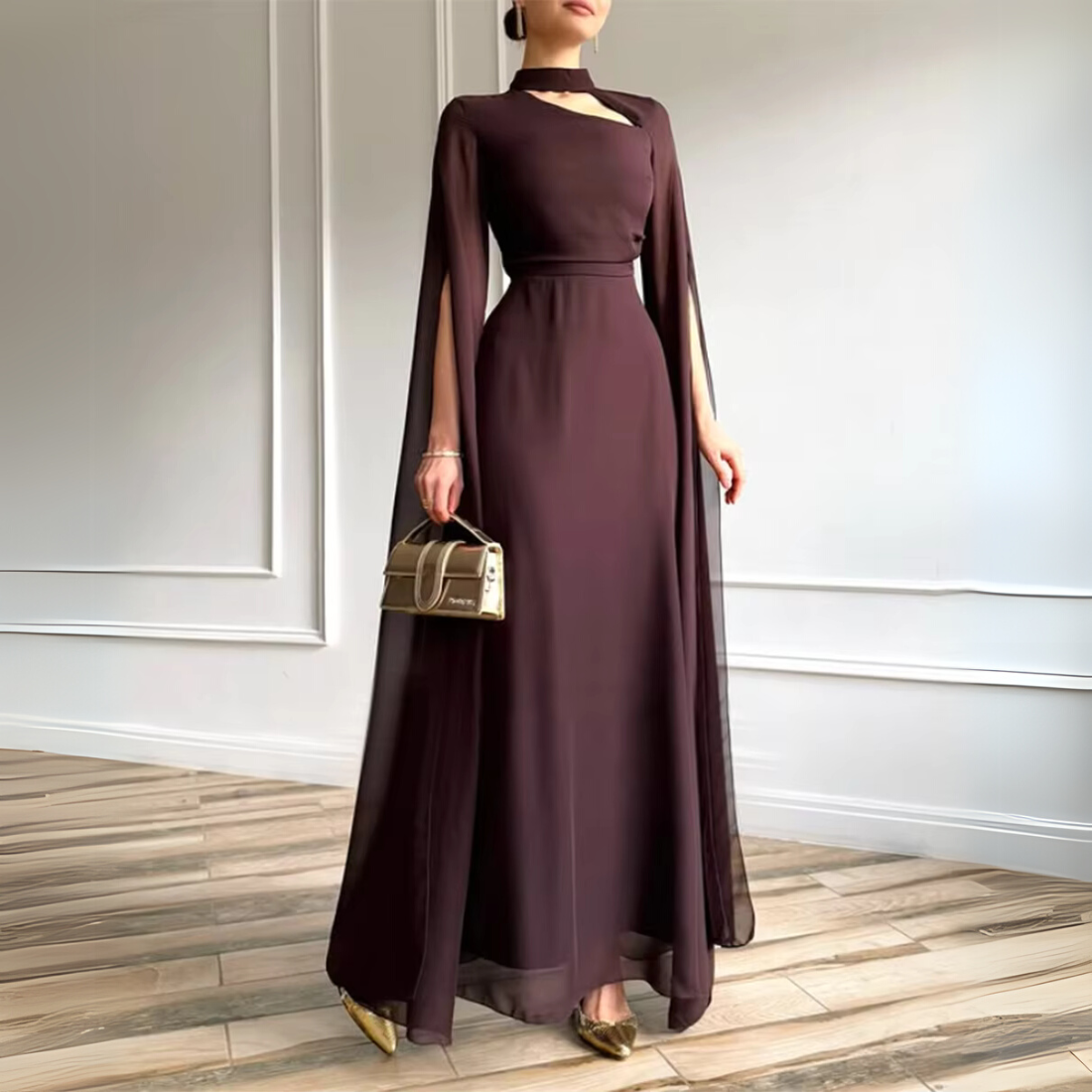Deep Brown Halter Neck Drape Sleeves Chiffon Long Dress, Front