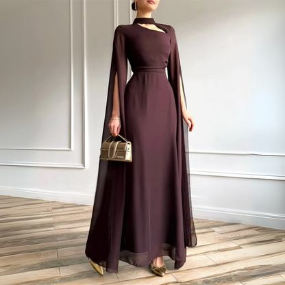 Deep Brown Halter Neck Drape Sleeves Chiffon Long Dress, Front