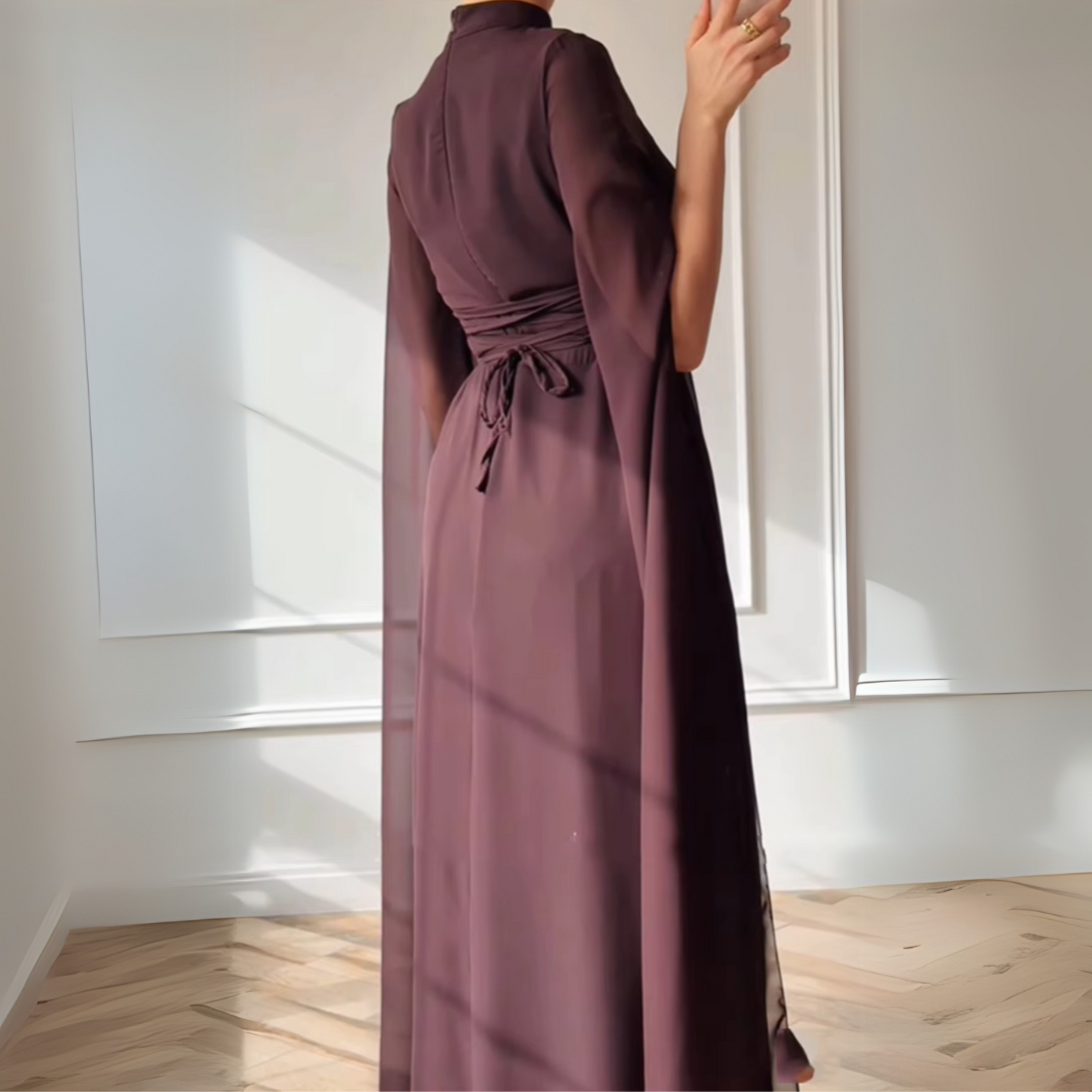 Deep Brown Halter Neck Drape Sleeves Chiffon Long Dress, Back