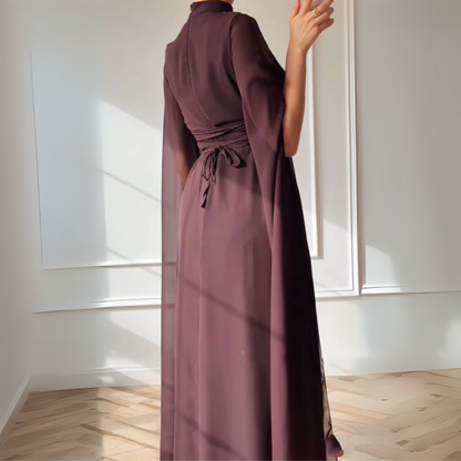 Deep Brown Halter Neck Drape Sleeves Chiffon Long Dress, Back